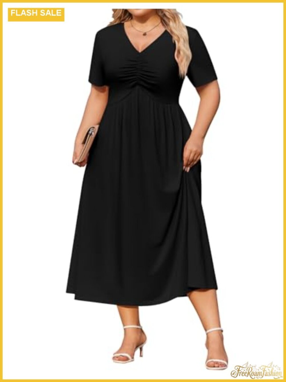 Plus Size Short Sleeve Midi Dress V-Neck Ruched A-Line with Pockets